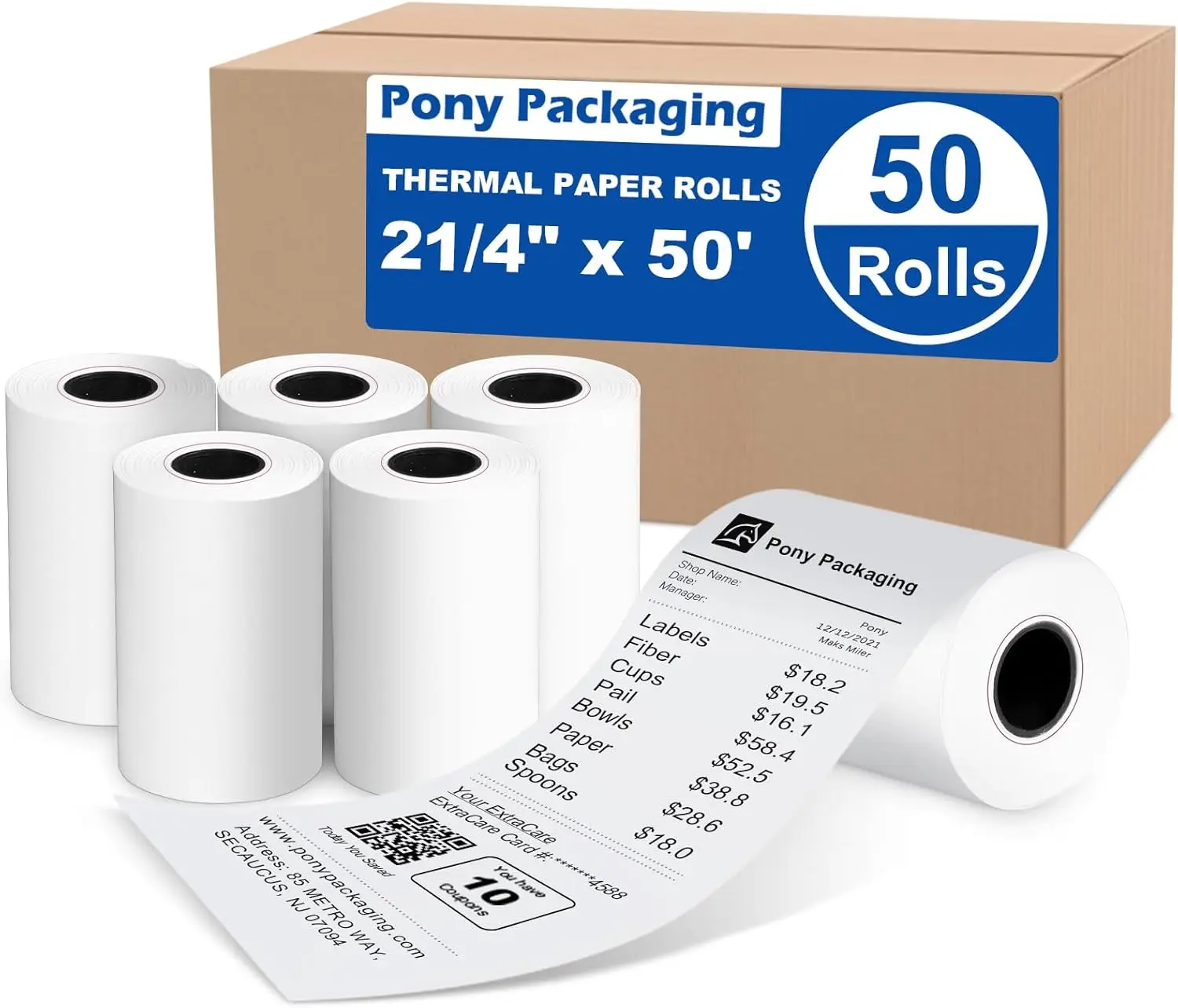 

BPA-Free Thermal Receipt Paper Rolls, 2 1/4" x 50', Pack of 50 for Cash Registers