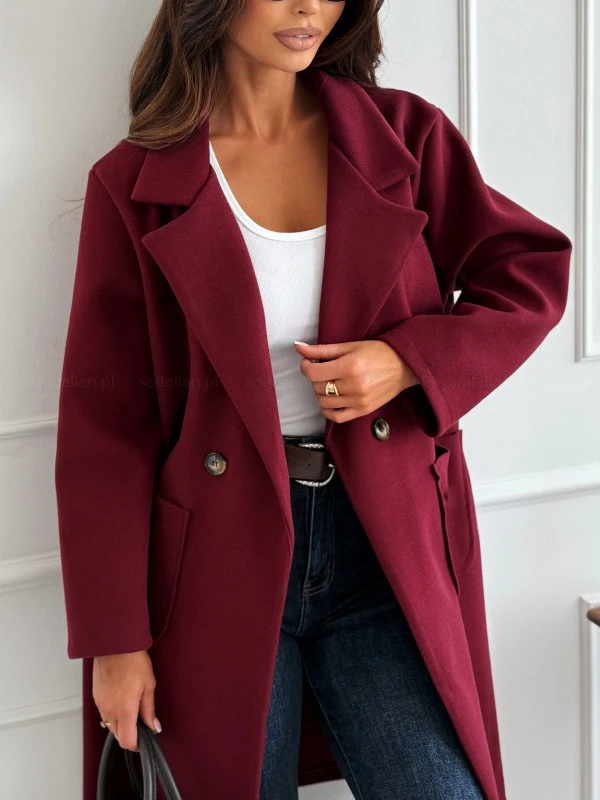 Open Front Lapel Wool Blend Coat Women Long Sleeve Patch Pockets Loose Mid‑Length Outerwear
