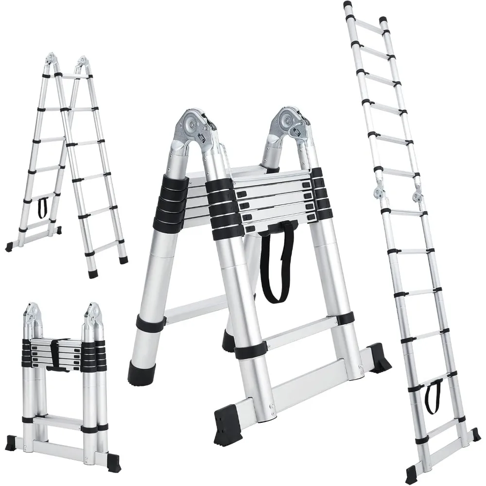 12.5 FT Telescopic Ladder, Aluminium Silver A Frame Telescoping Ladder, Portable Extension Ladder with Non-Slip Feet