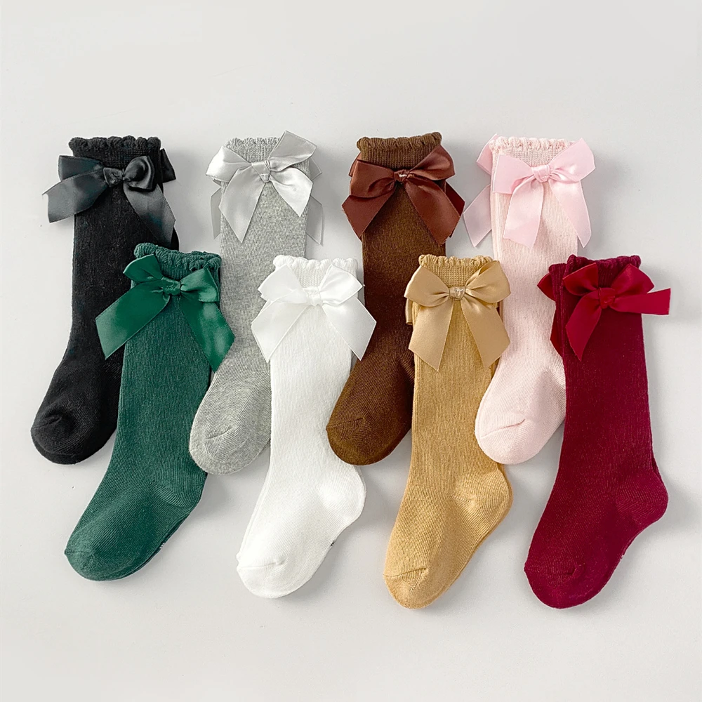 

1 Pairs Kids Baby Socks Cute Solid Color Bows Knee High Pure Cotton Girls Children Bedroom Floor Socks Tube Socks For 0-6Year
