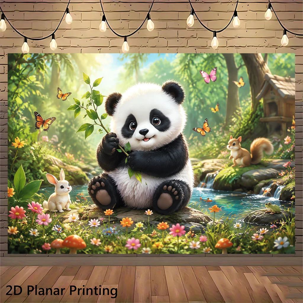 Whimsical Panda Bear Forest Mural Wall Art Tapestry Cute Nature Jungle Print Decor for Nursery Kids Room Home Decoration