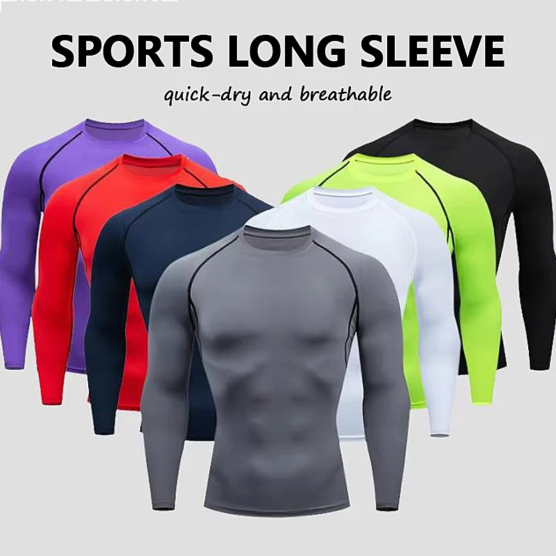 Camisa de compressão masculina, camisa de compressão de manga comprida de secagem rápida para homens, roupas esportivas para academia, camiseta fitness, treinamento, top muscular