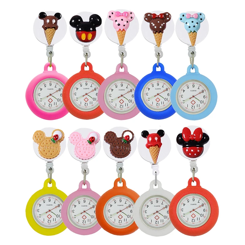 

YIJIA Lovely Cartoon Ice Cream Retractable Badge Reel Hospital Nurse Watches with Silicone Case and Luminous Pointer