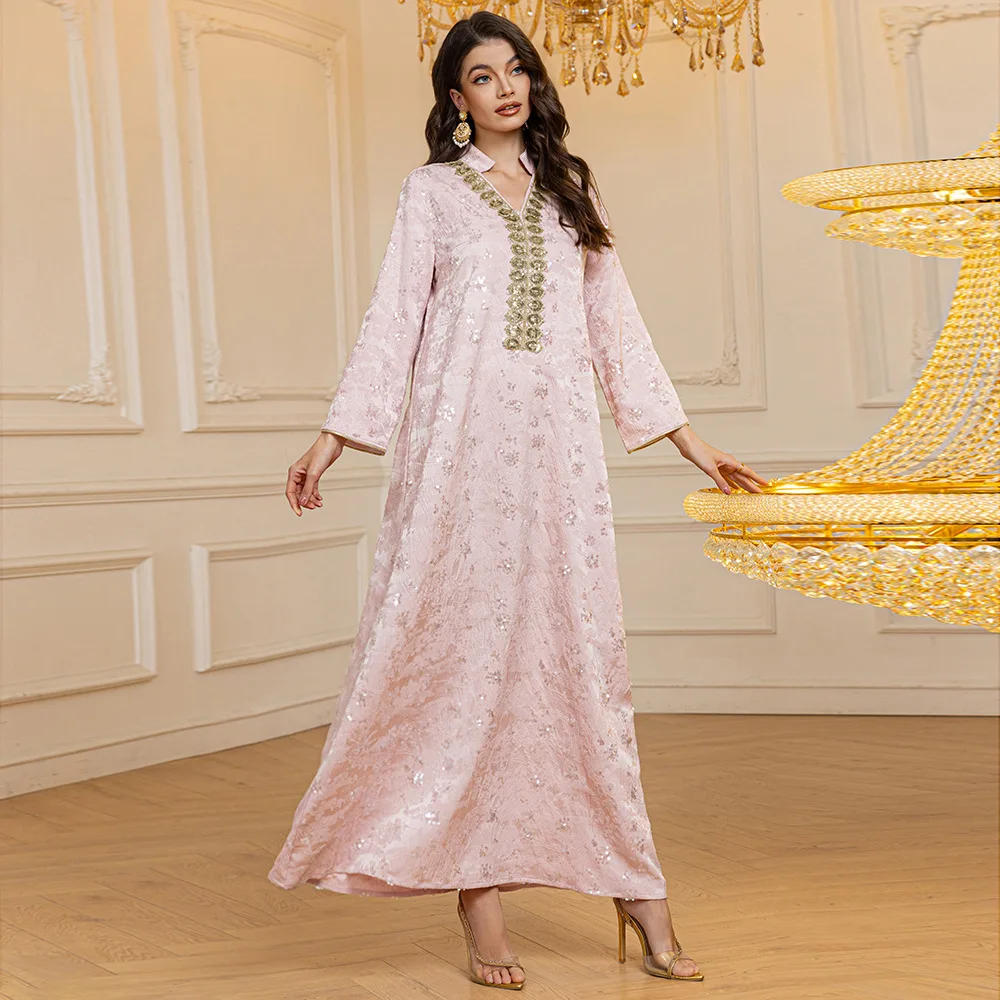 

Xqy500382 Arab Dubai Muslim Women's Long Robe Jacquard Sequin Light Luxury Dress Robe Abaya Ramadan Dubai Luxury Islam Elegant