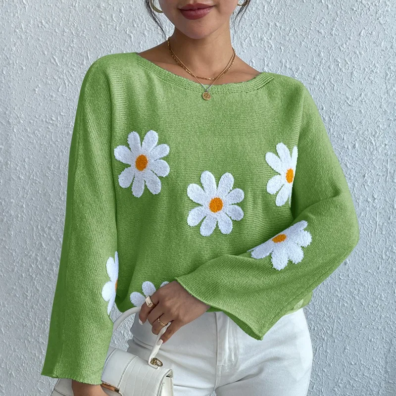 New Spring Women's Embroidered Flower Decor Casual Loose Bat Sleeves Knitted Top Temperament Commuting Female Fashion Pullovers