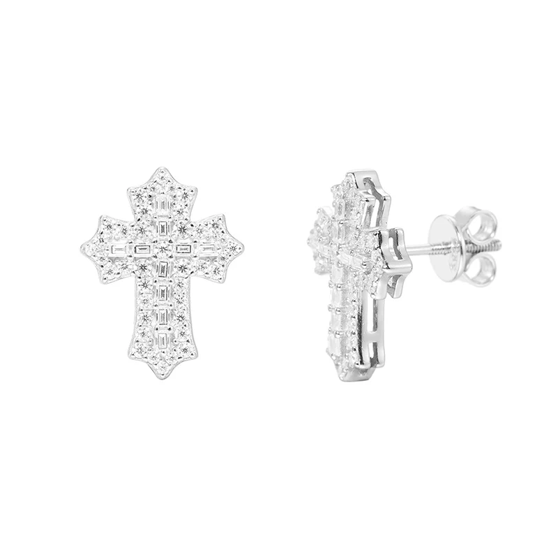 Moissanite S925 Sterling Silver Cross Stud Earring for Men Women Hip Hop Earrings Bling Ice Out Rapper Jewelry
