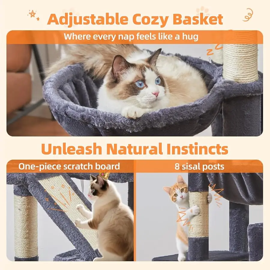 شجرة القطط Taoqimiao مقاس 71 بوصة، برج القطط للقطط الداخلية الكبيرة للبالغين، شقة قطط كبيرة متعددة المستويات، 8 أعمدة خدش من السيزال، معدنية