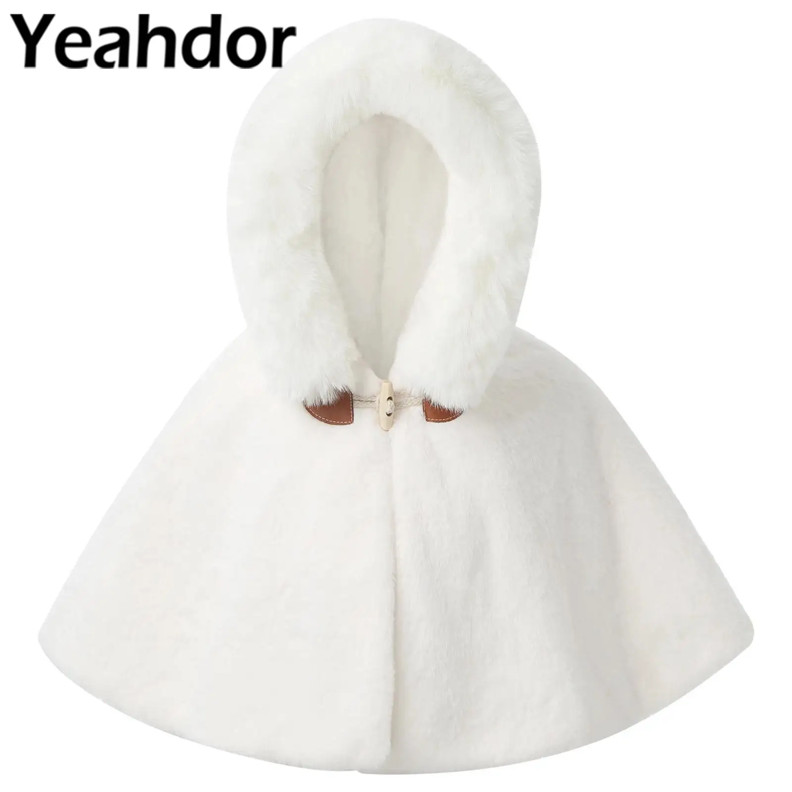 Baby Girls Faux Fur Cape Flower Girl Jacket Cute Thicken Fleece Hooded Cape Fully Lined Warm Poncho Wedding Cloak Outerwear