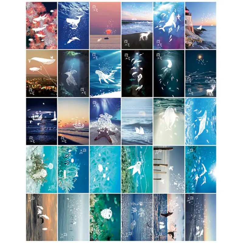 30 ชิ้น Vintage Luminous โปสการ์ด Glow In The Dark Ocean การ์ดอวยพรโพสต์การ์ดนวนิยาย