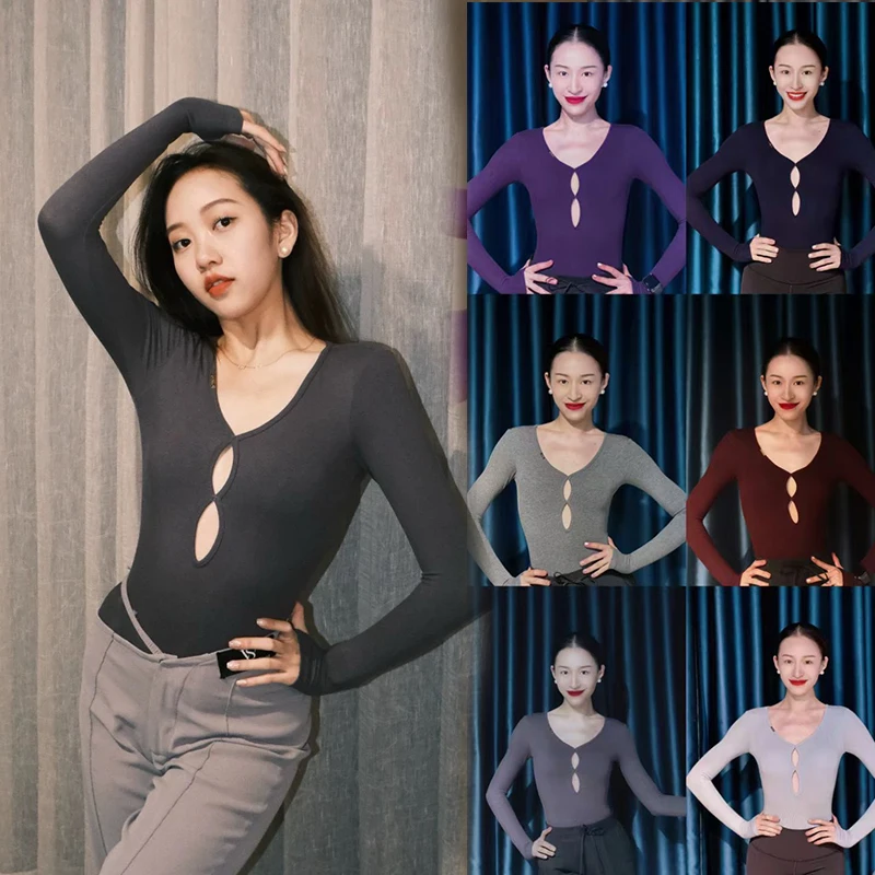 

Adult Latin Dance Tops Spring Sexy Hollow Out V-Neck Long Sleeved Jumpsuit T-Shirt Womens Tango Dance Practice Bodysuit VBH1291