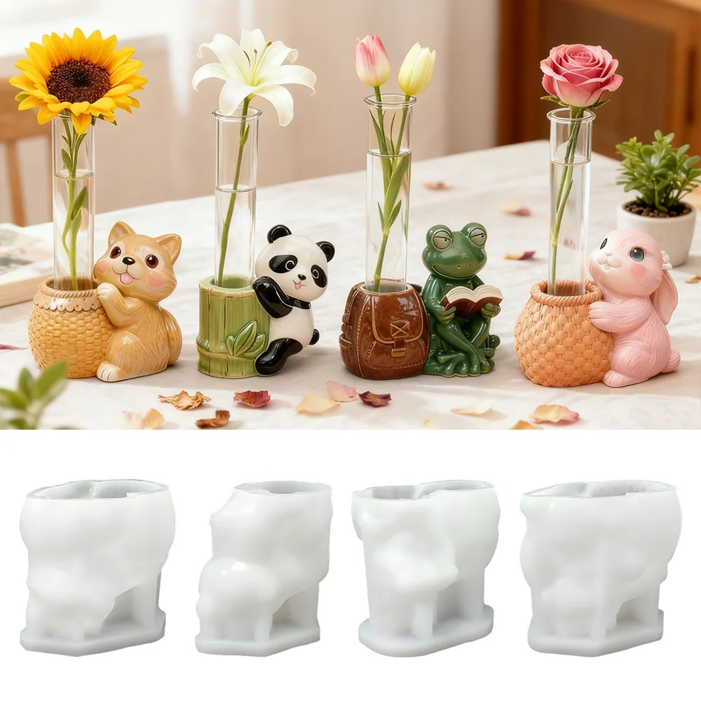 Cute cat panda rabbit frog resin pen holder mold hydroponics flower preservation vase mold home office decoration