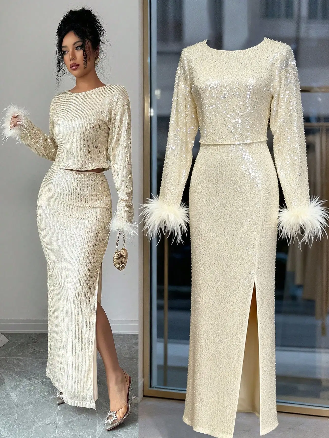 

Sequined 2-Piece Set: Cropped Long Sleeve Top with Feather Cuffs & Side Slit Skirt