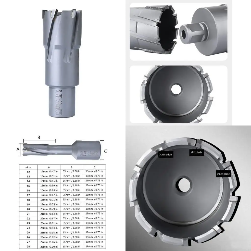 

P9FB Кольцевая пила с глубиной резания 35 мм, диаметром 12–28 мм x 35 мм. Кольцевая фреза TCT с хвостовиком Weldon 3/4 дюйма, из