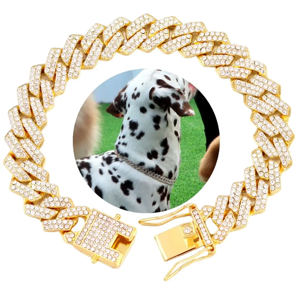 Dog Chain 14MM Diamond Cuban Collar Walking Metal Chunky Chain Collar with Design Secure Buckle, Pet Cat Cuban Collar Jewelry