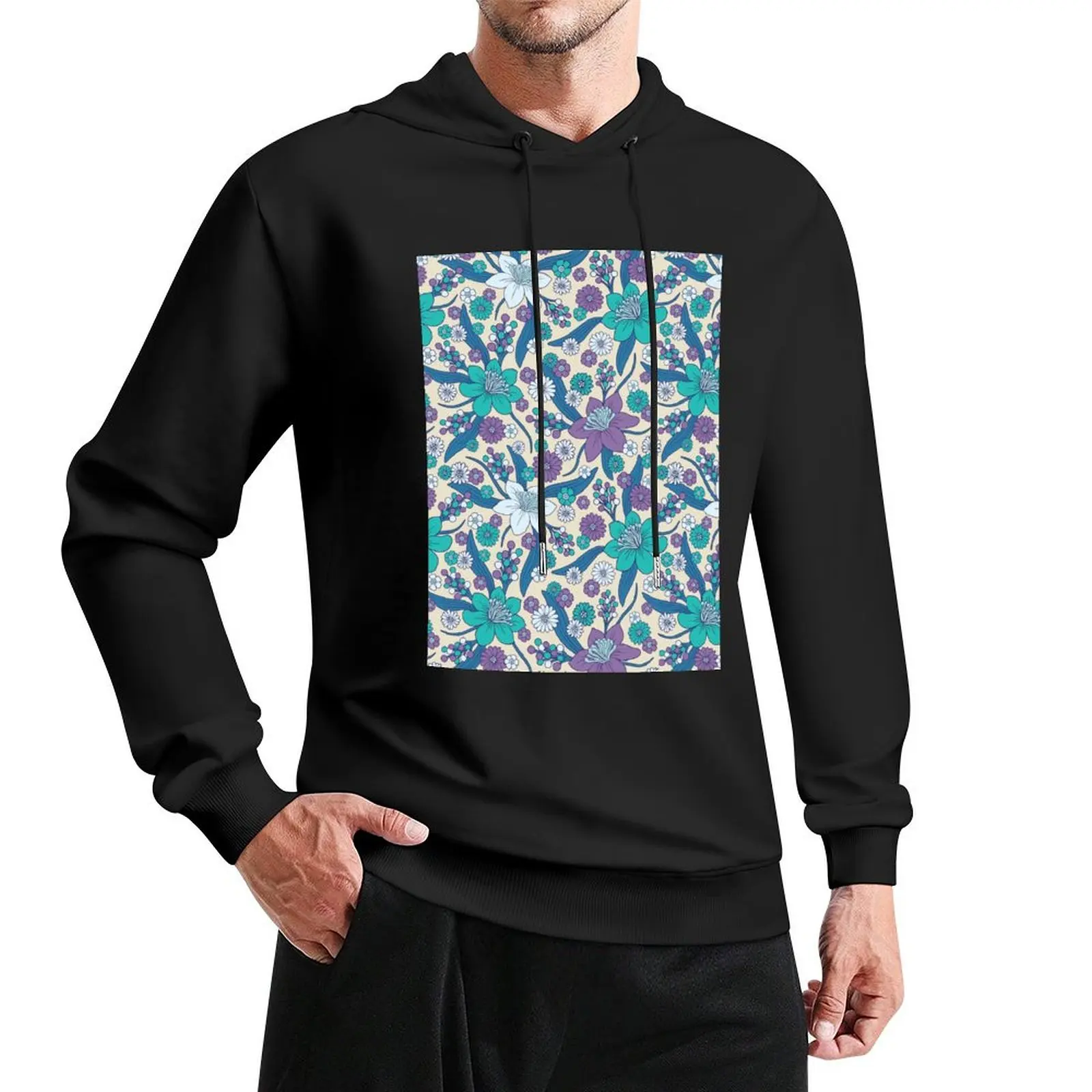 

Purple, Teal & Blue 1970s Inspired Retro Floral Pattern Pullover Hoodie streetwear men clothes for men mens hoodie