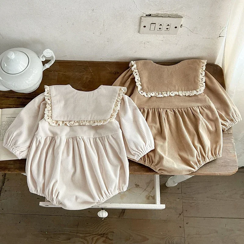 

Autumn Toddler Baby Girl Romper Corduroy Long Sleeve Lace Collar Flowers Newborn Baby Girl Jumpsuit Spring Baby Girl Clothing