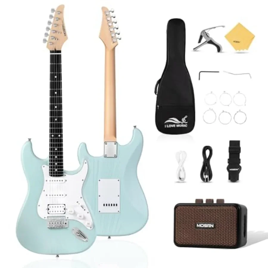 Electric guitar for beginners, alder body with maple neck, black finish, HSS pickups and tremolo system for versatile tone and