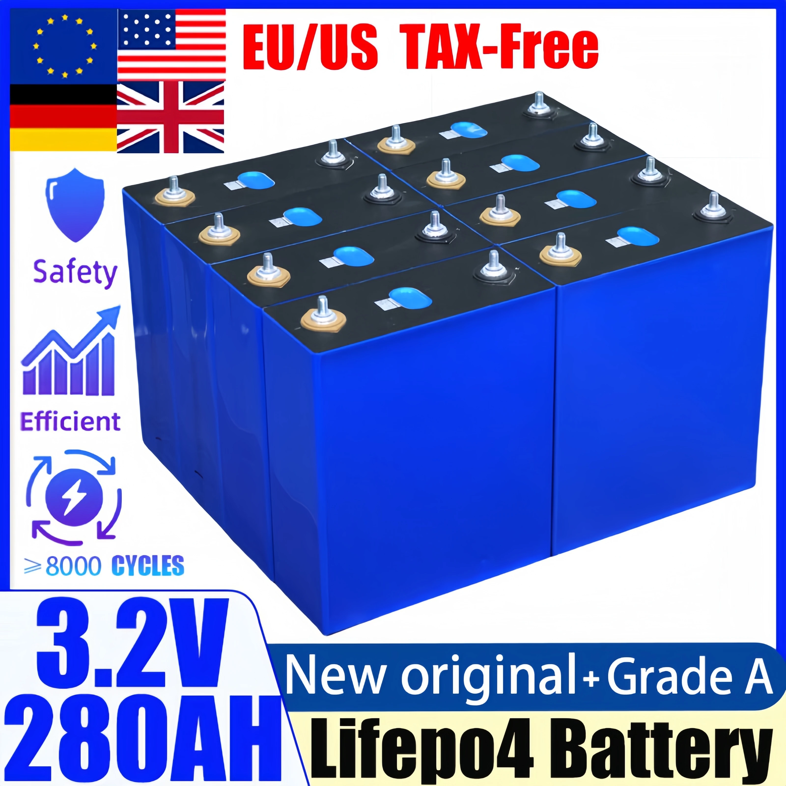 

3.2V 280AH Lifepo4 Grade A Lithium Prismatic Rechargable Battery 8000 Cycles 12V 24V 48V Pack Cells for RV EV Solar PV tax-free
