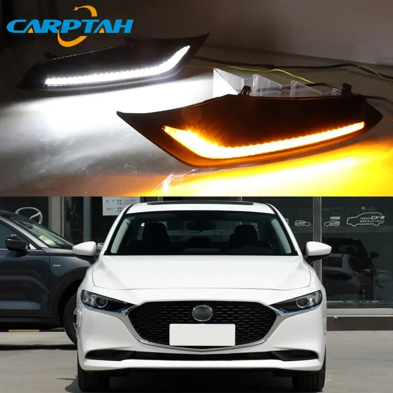 12V LED DRL Daylights For Mazda 3 Axela 2019 2020 Dynamic Yellow Turn Signal Auto Daytime Running Light Fog Lamp