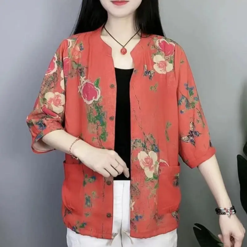 Vintage Floral Printed Single-breasted Blouse 2023 Spring Summer Thin Nine Quarter Sleeve Female Fashion Pockets Spliced Shirt