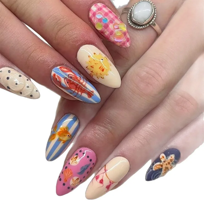 24 pçs amêndoa praia tema imprensa em unhas lagosta puffer peixe estrela do mar design unhas falsas europeu americano doce picante arte do prego