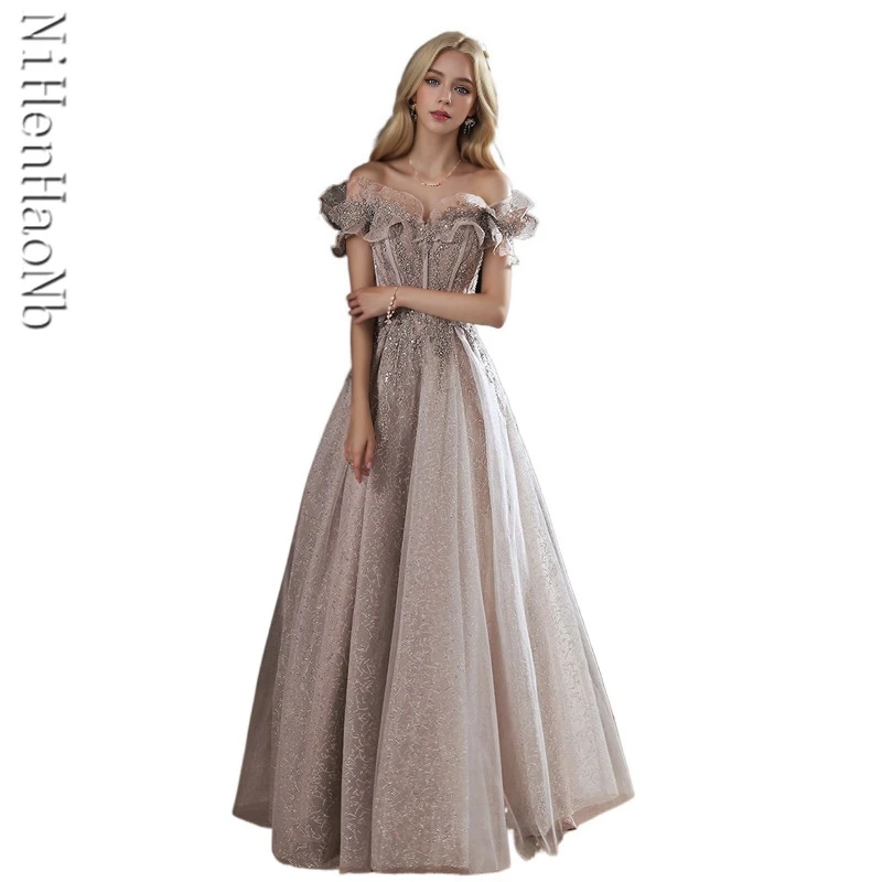 Elegant Gray Evening Dress Off Shoulder Shiny Sequin Lace Up Women Formal Party Prom Gowns Vestido De Quinceañera