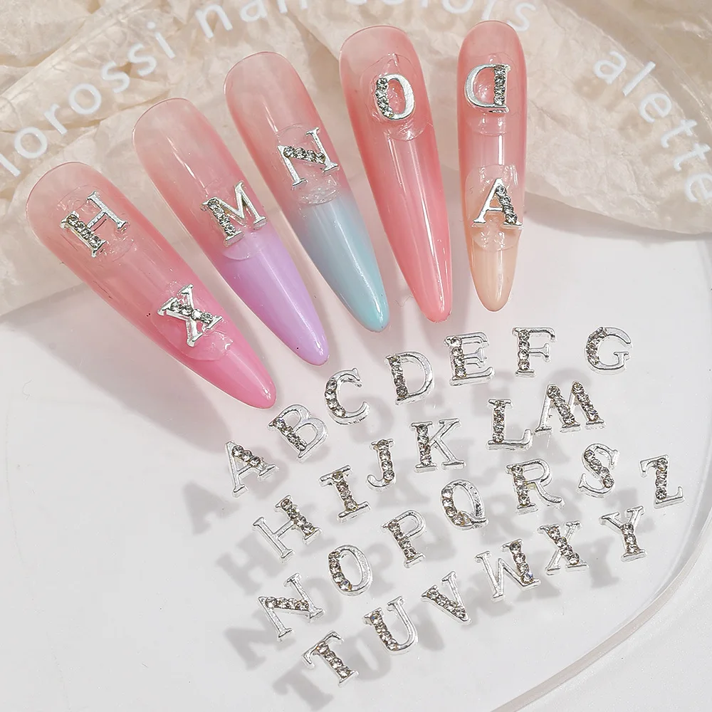 26Pcs Silver Rhinestone Alphabet Nail Charms Set-A-Z Letters Nail Gems,Custom Name Initial Nail Art Decorations for DIY Nail view 3