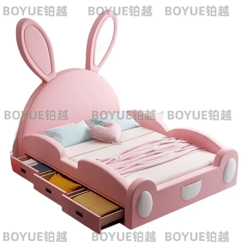 Pink Princess Bed for Girls with Guardrail and Drawer Storage Solid Wood Single Bed Cute Rabbit Design Soft Upholstered Frame