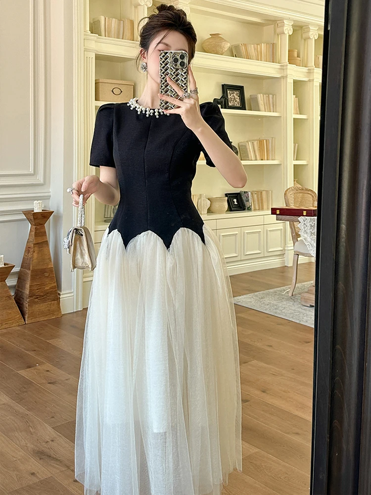 매력적인 우아한 흑백 이브닝 드레스 여성 진주 네크라인 시어 튤 가운 칵테일 파티 드레스 갈라스 사회 행사