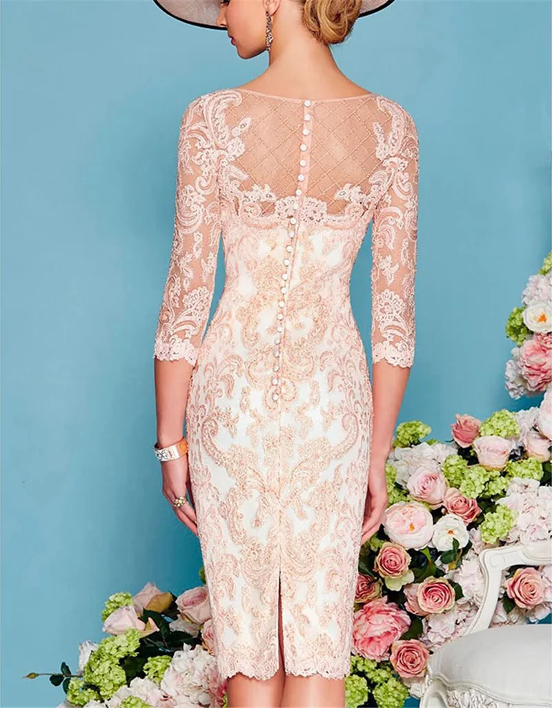 Pink Chiffon Mother of the Bride Dress With Jacket Lace Beaded Knee-Length Formal Mother Evening Prom Gowns For Wedding Ceremony