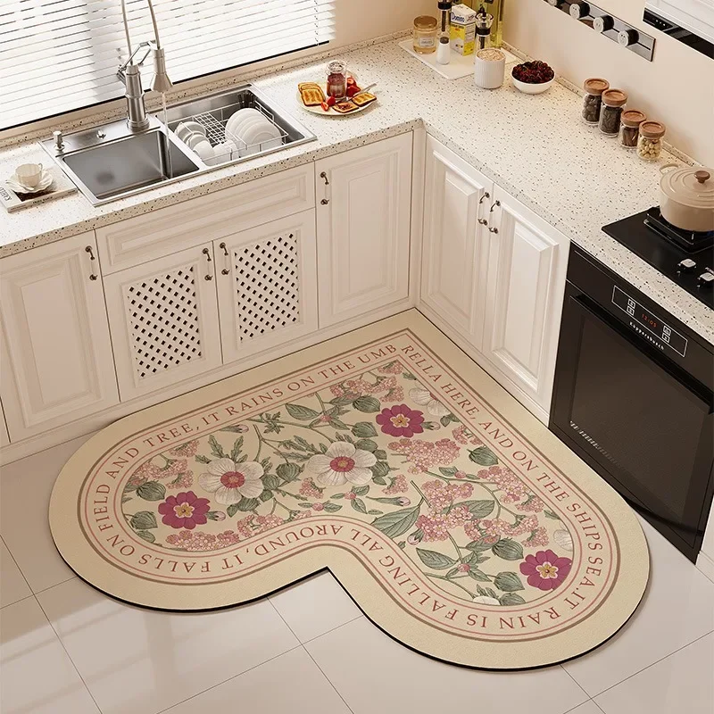 Kitchen Heart-shaped Carpet American Floral Pattern Water-absorbent Quick-drying Large Size Floor Mat Diatom Mud Non-slip Rug