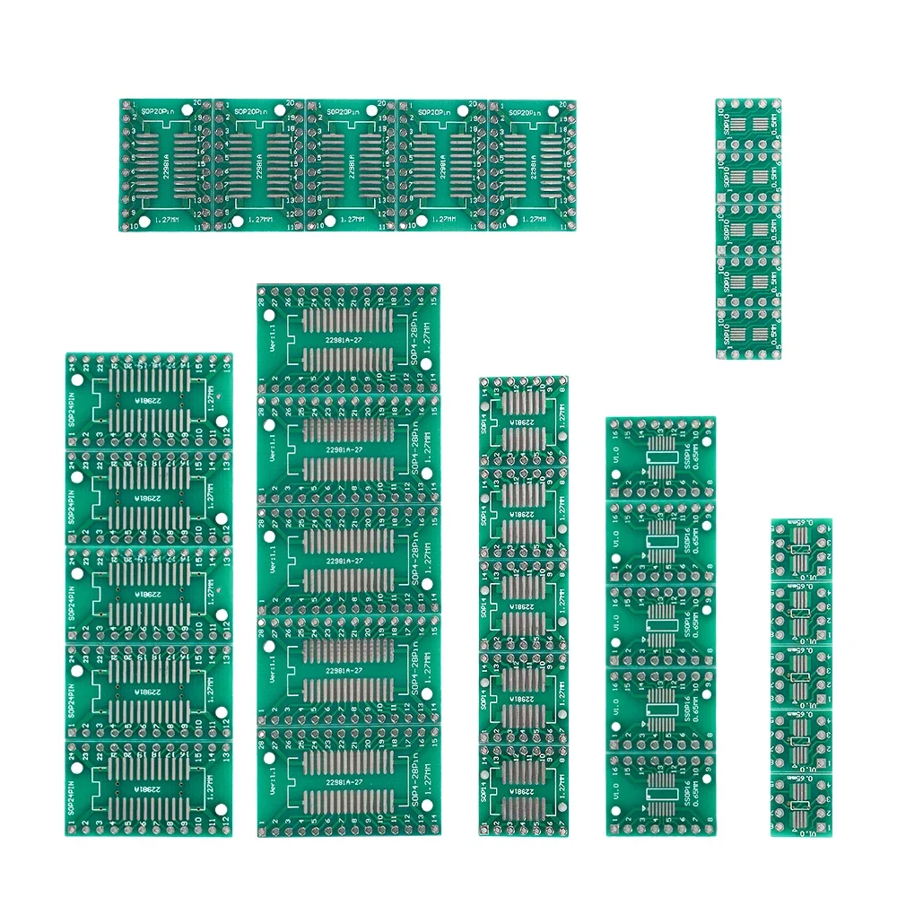 PCB SMD Ligue para conversor adaptador DIP, Protoboard eletrônico, SOP8, MSOP10, SOP14, SOP16, SOP20, SOP24, SOP28, 7 tipos, 35pcs
