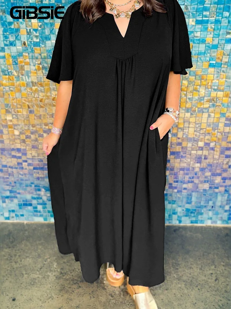 

GIBSIE Plus Size Notch Neck Short Sleeve Loose Black Dress Women Summer 2026 New Casual Solid Color Female Pocket Long Dresses