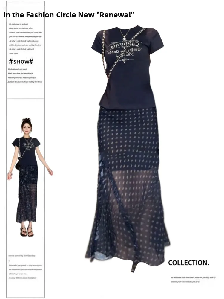 

plus Size Faionable Korean Sle Two-Piece Set Summer New Slimming ort Sve T-irt Floral f-length Skirt Ensemble