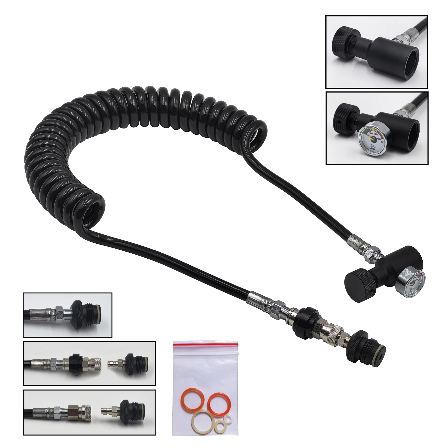 HPA Coil Remote Hose Line 138inches(3.5M) Length with or without Slide Check 8mm Male and Female Quick Disconnect 3000psi Gauge