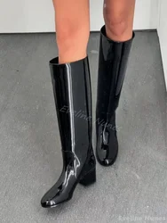 Black Patent Leather Chunky Heel Knee High Boots Women Round Toe Slip On Retro Biker Boots 2025 New Fashion Design Mid Calf Boot