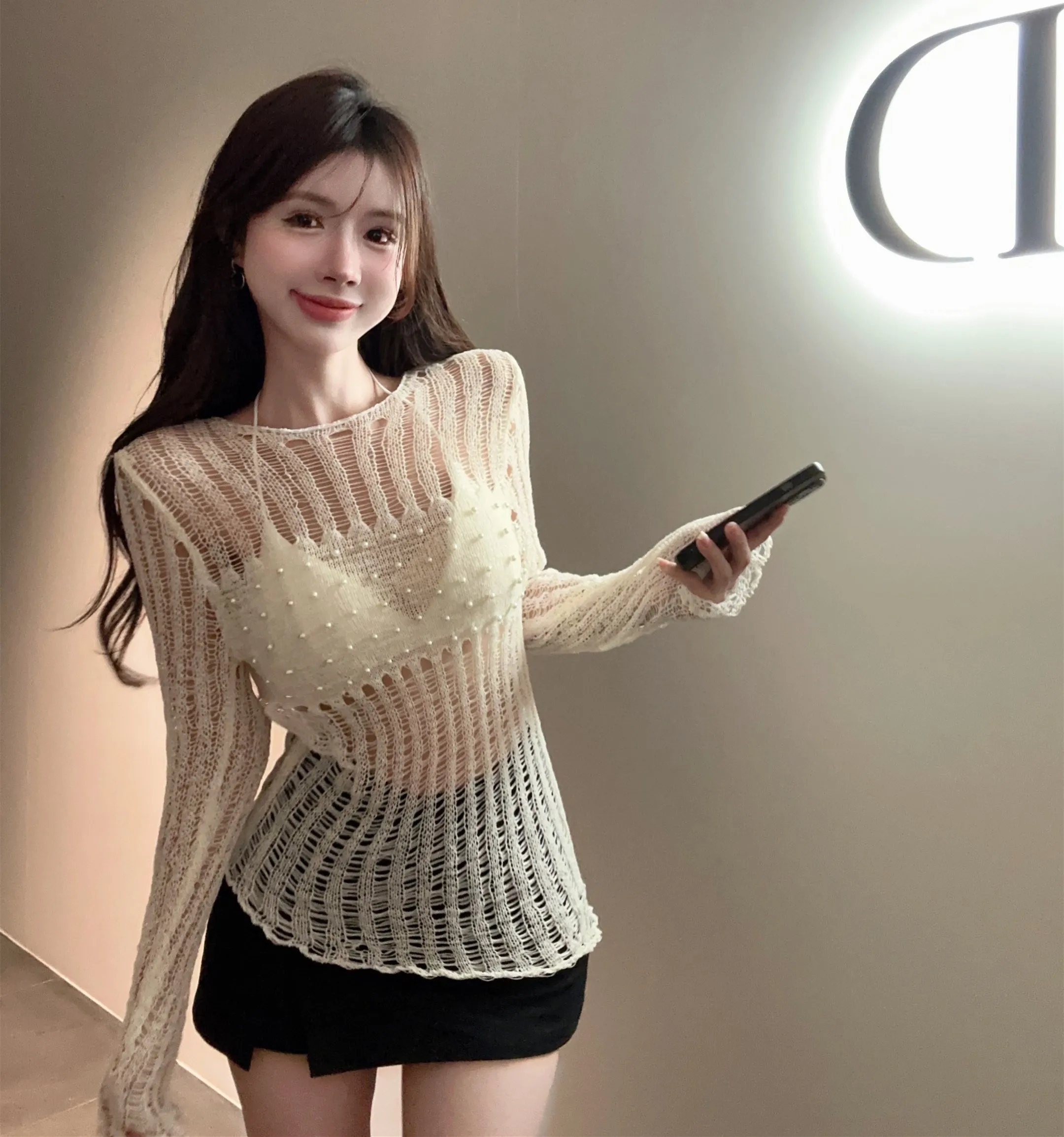 

Party Sexy Top Sweater Women's Knitted Sweater Pullover Korean Fashion White Casual Crocheted 2023 Summer new Long Sleeve