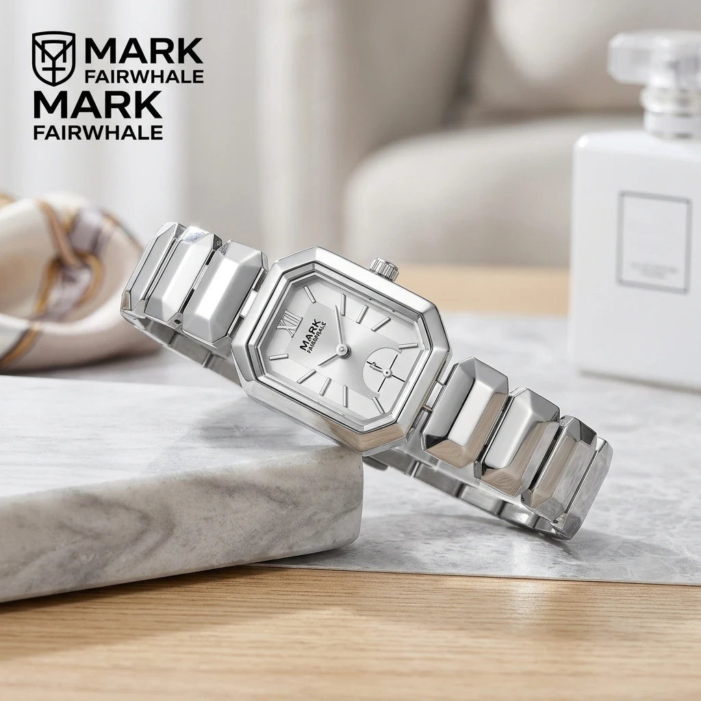 Mark Fairwhale Minimalist Ladies Quartz Watch Octagonal Case Roman Numeral Dial Stainless Steel Strap Female Wrist Watch