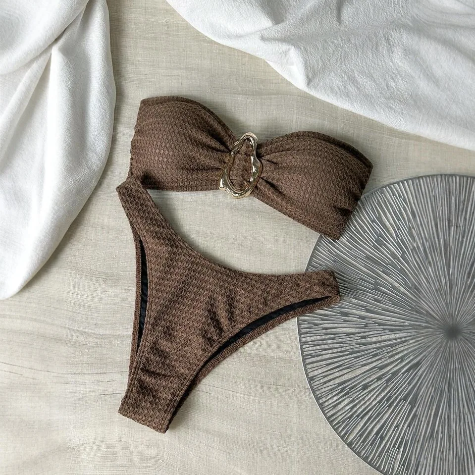 2026 New Textured Bandeau Bikini Set with Metal Ring Decor High Cut Thong Swimwear for Women Coffee Color