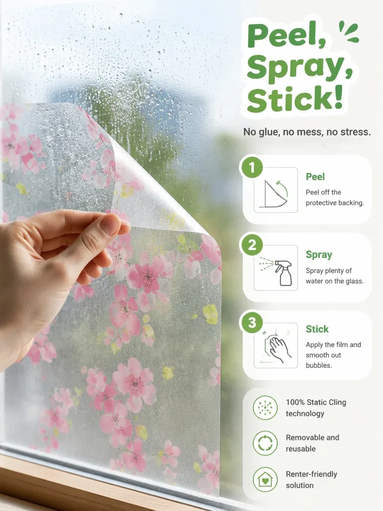 Frosted Privacy Window Film Translucent Light Block No Glue UV Protection Heat Control Removable for Bathroom Home Office Glass view 5