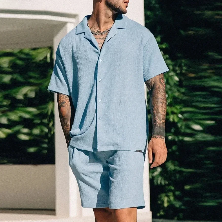 

Vintage Short Sleeve Shirt Two Piece Sets Men's Summer Solid Loose Lapel Shirt and Shorts Casual Suits Beach Style Men Clothing