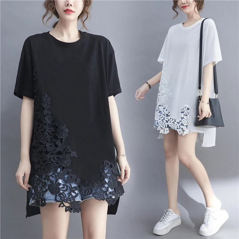 

plus Size Lace Trim Splice Hollow out ort Sve mid Length T irt Women's Commute Sle Korean Version Artistic Pattern
