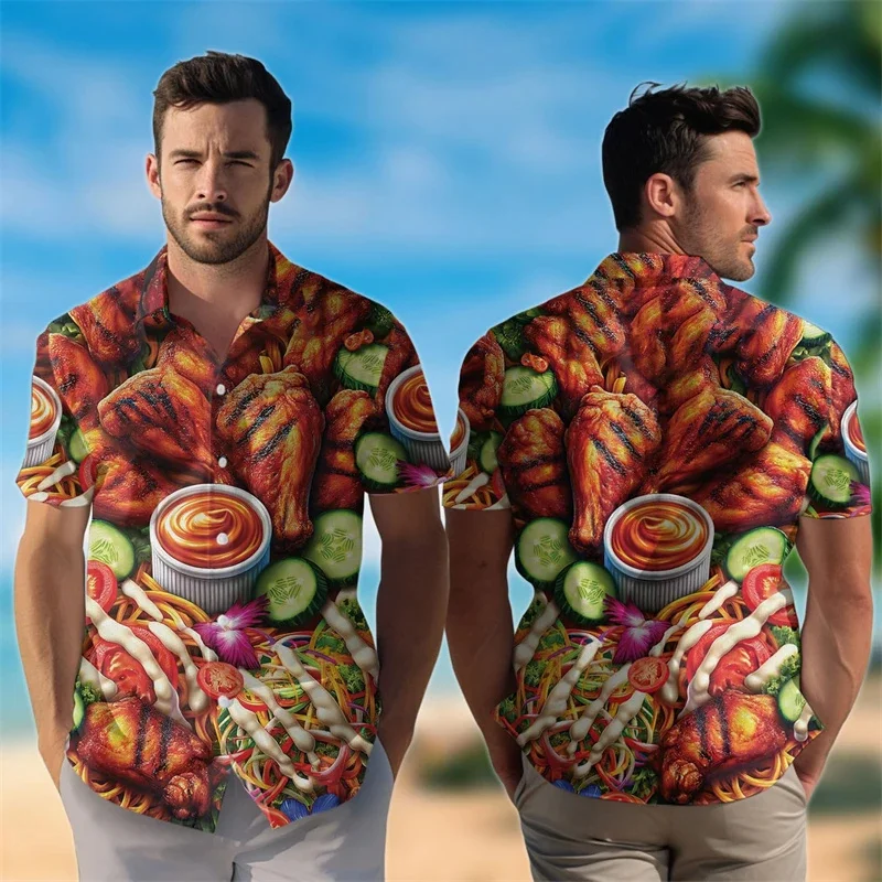 Delicious Food Graphic Hawaiian Shirt Men Cheese Bacon Noodle Chicken 3D Print Blouses Streetwear Button Lapel Tops Aloha Shirts