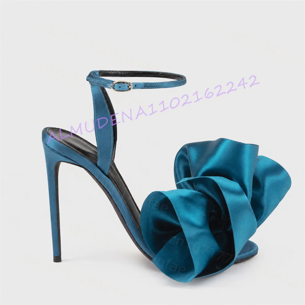 Women Teal Satin Oversized Bow High Heel Sandals Open Toe Ankle Strap Stiletto Sandals Buckle Wedding Party Evening Dress Shoes