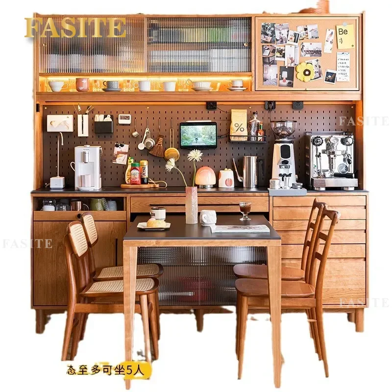 Japanese Solid Wood Dining Sideboard Cherry Wood Storage Cabinet with Sintered Stone Top Wall Mounted Buffet for Small