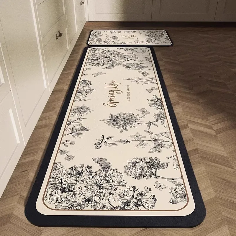 Kitchen Floor Mat Black Flowers Water-absorbent Absorbent Oil-absorbent Carpet Diatom Mud Anti-slip Mats Long Home Decor Rug 카펫