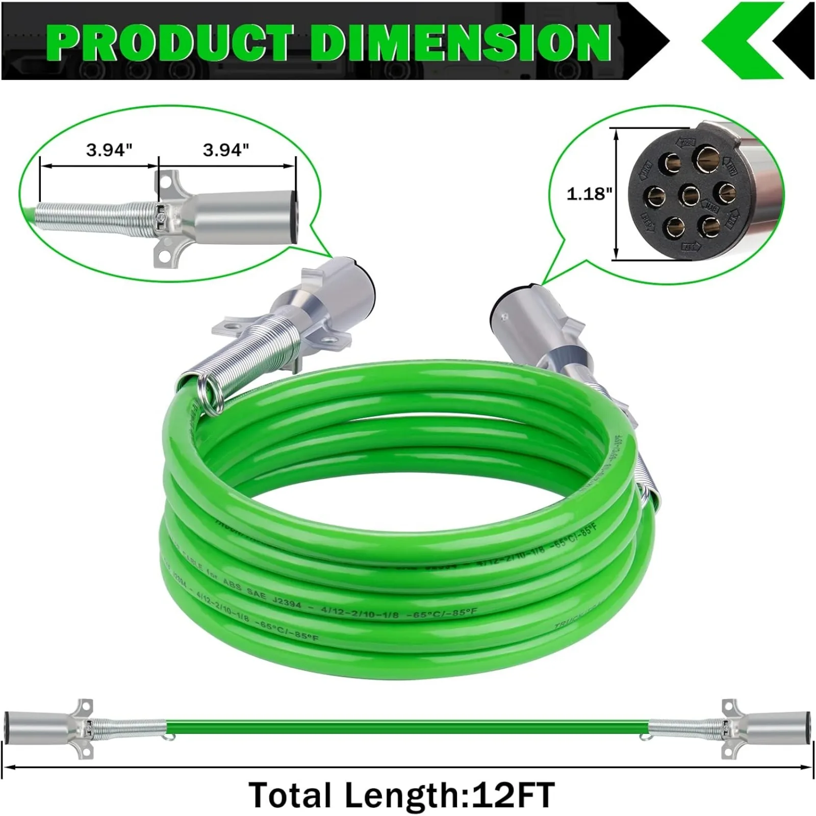 US  2 Pack 7 Way Trailer Cord 12 FT ABS Electrical Power Cord Heavy Duty Green Straight Power Wire Cable for Semi Trucks