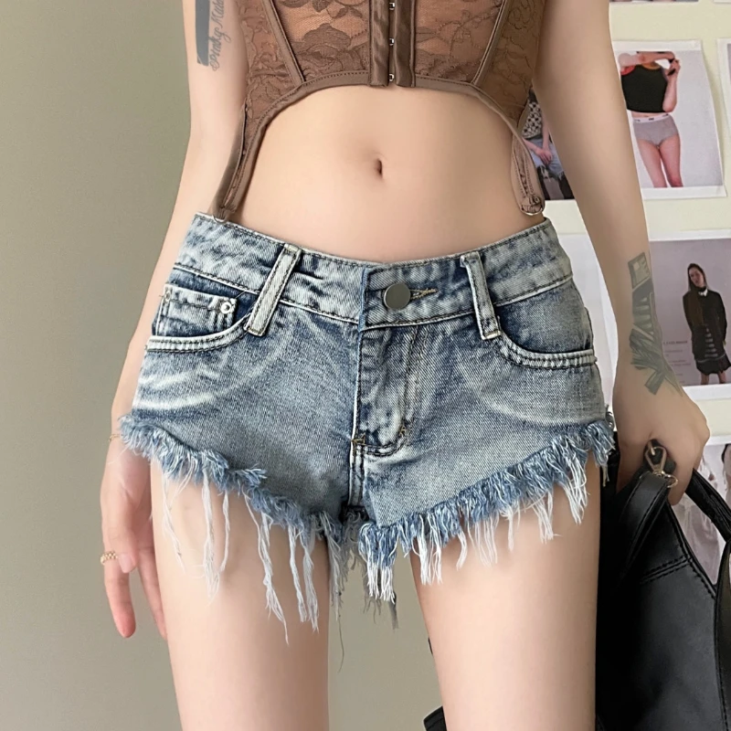 

Furrowed Tassel Denim Shorts Sexy High Waist Slimming Straight Wide-leg Pants