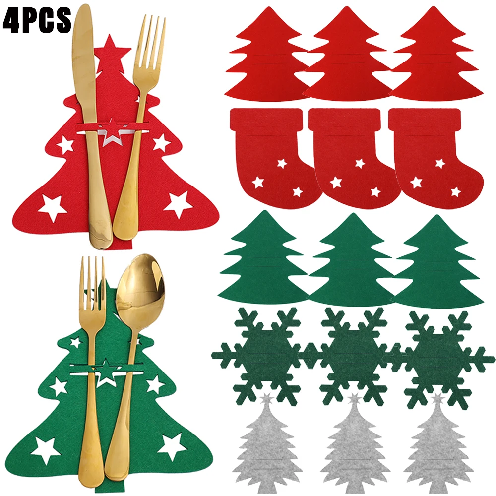 4PCS Christmas Cutlery Holder Bags Snowflake Xmas Tree Knife And Fork Pocket Cutlery Bag Xmas New Year Dinner Table Decorations