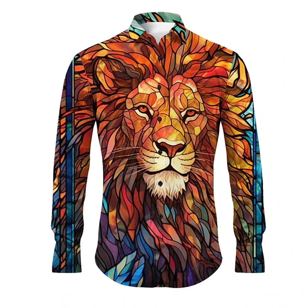 

New men's splicing lion 3D printed lapel button long sleeved shirt fashion casual party men's clothing for spring and summer